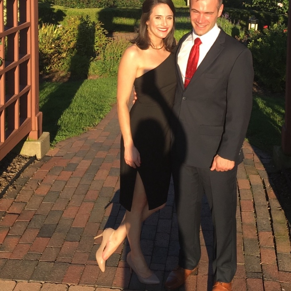 Black One Shoulder Knee Length Side Slit Dress